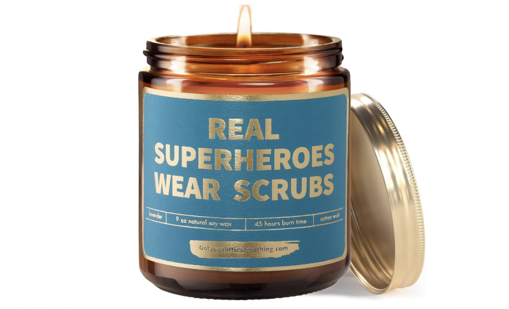 Real Heroes Wear Scrubs Candle, best nurse gifts and gifts for nurses